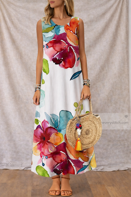 Floral Maxi Dress with Sleeveless Design and Round Neck – Relaxed Flowy Fit