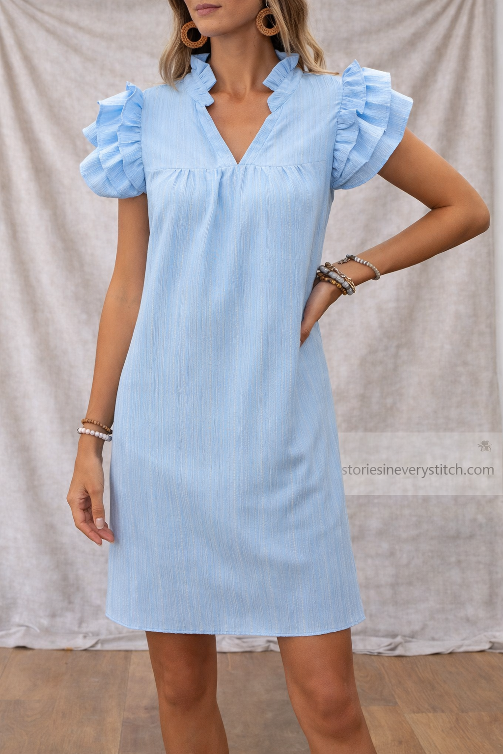 Women’s Ruffle Sleeve V-Neck Mini Dress – Casual Short Sleeve Summer Dress