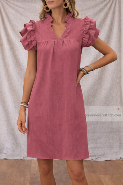 Women’s Ruffle Sleeve V-Neck Mini Dress – Casual Short Sleeve Summer Dress