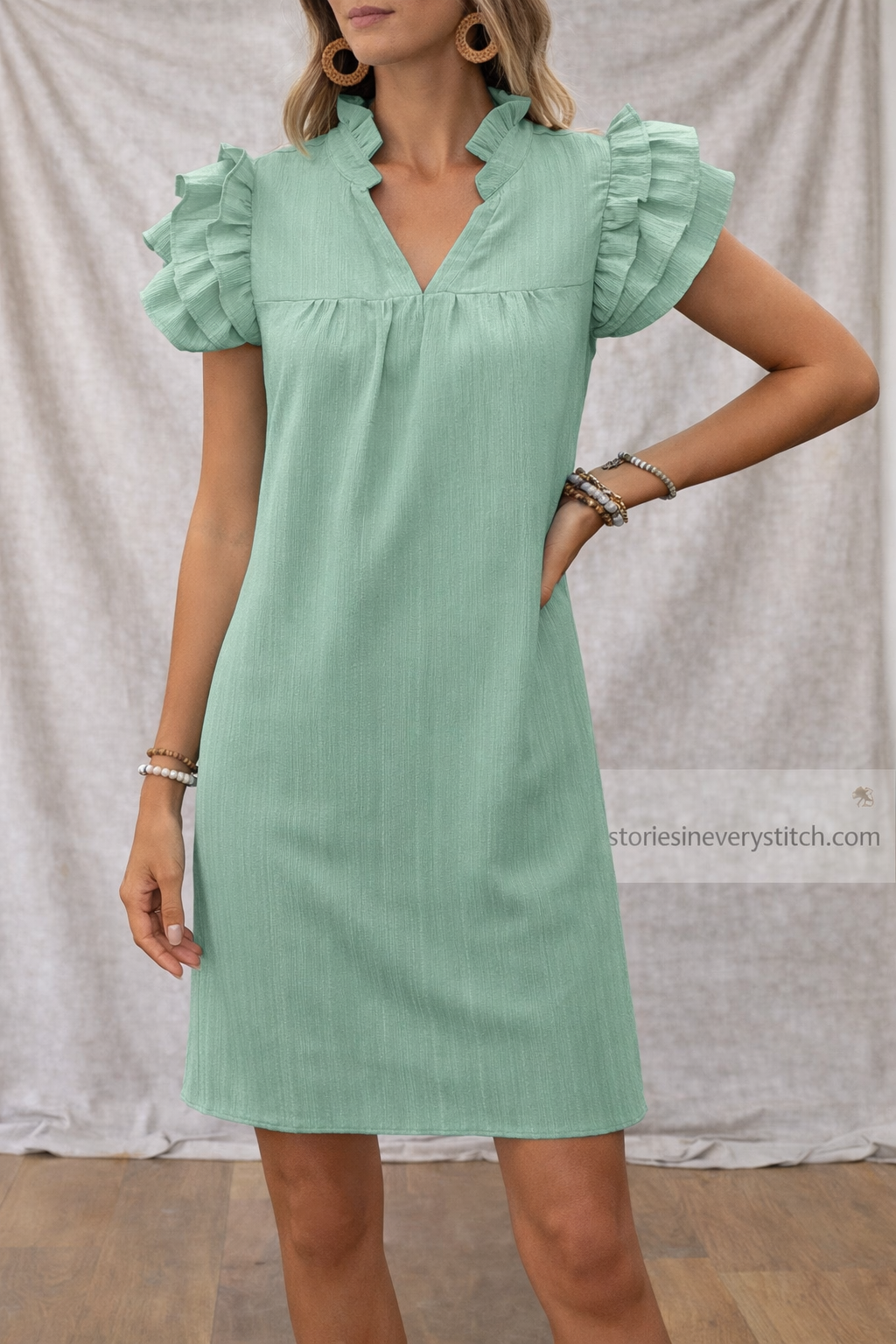 Women’s Ruffle Sleeve V-Neck Mini Dress – Casual Short Sleeve Summer Dress