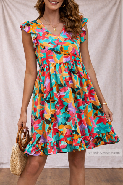 Women’s Floral Ruffle Sleeve Mini Dress – Casual V-Neck Summer A-Line Dress