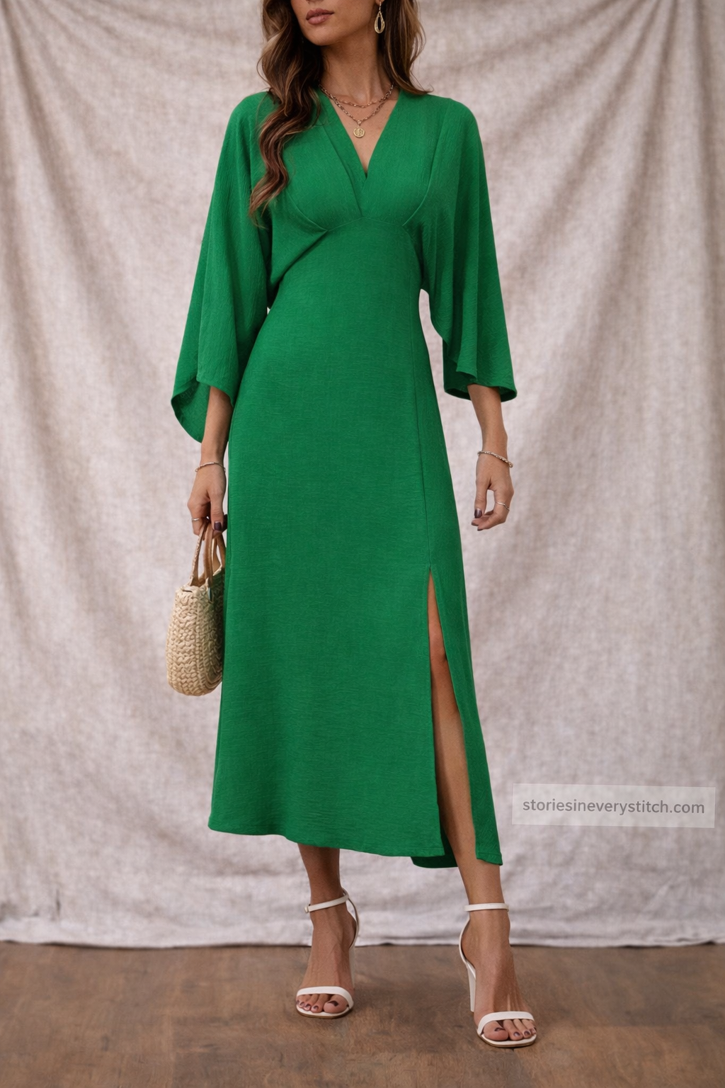 Women’s Elegant V-Neck Maxi Dress – Long Sleeve Side Slit Casual Dress