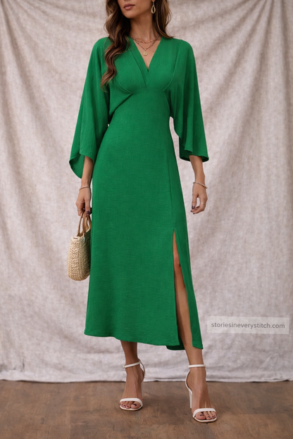 Women’s Elegant V-Neck Maxi Dress – Long Sleeve Side Slit Casual Dress