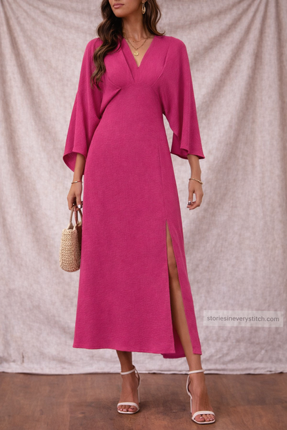 Women’s Elegant V-Neck Maxi Dress – Long Sleeve Side Slit Casual Dress