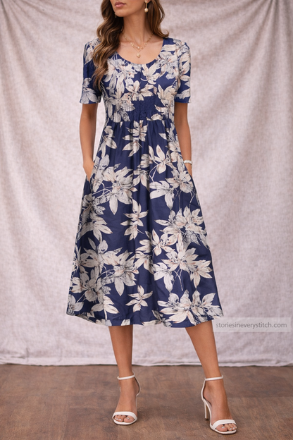 Women’s Floral Midi Dress – Casual Short Sleeve A-Line Summer Dress