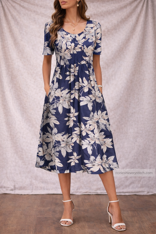 Women’s Floral Midi Dress – Casual Short Sleeve A-Line Summer Dress