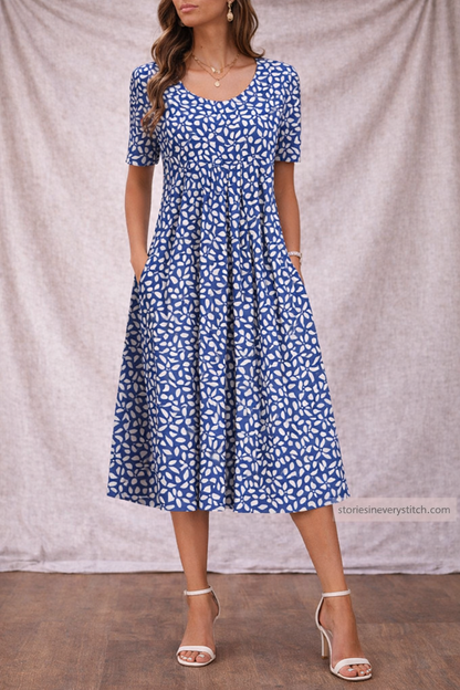 Women’s Floral Midi Dress – Casual Short Sleeve A-Line Summer Dress