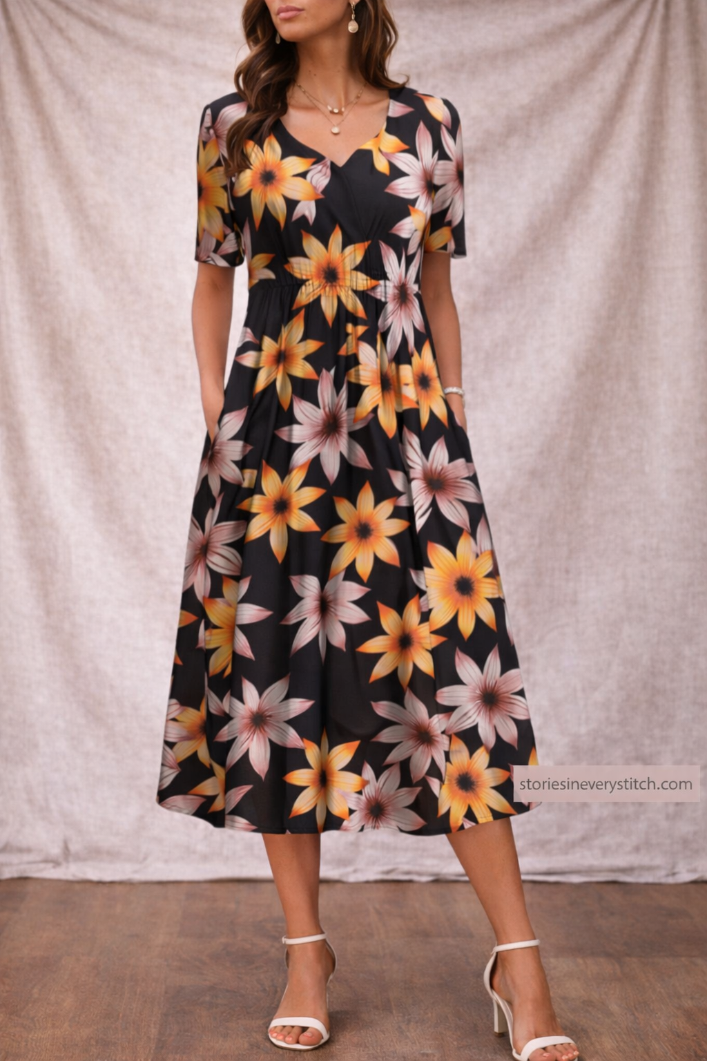 Women’s Floral Midi Dress – Casual Short Sleeve A-Line Summer Dress