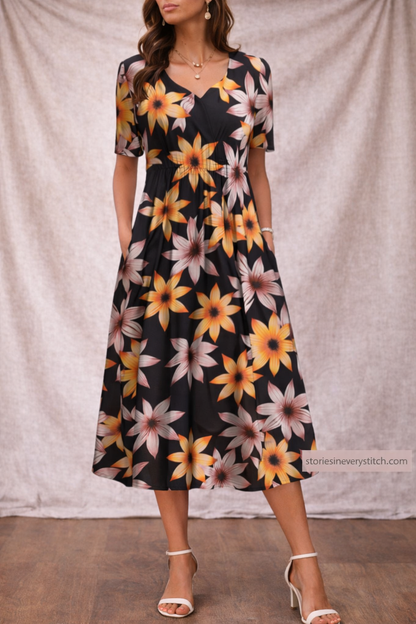 Women’s Floral Midi Dress – Casual Short Sleeve A-Line Summer Dress