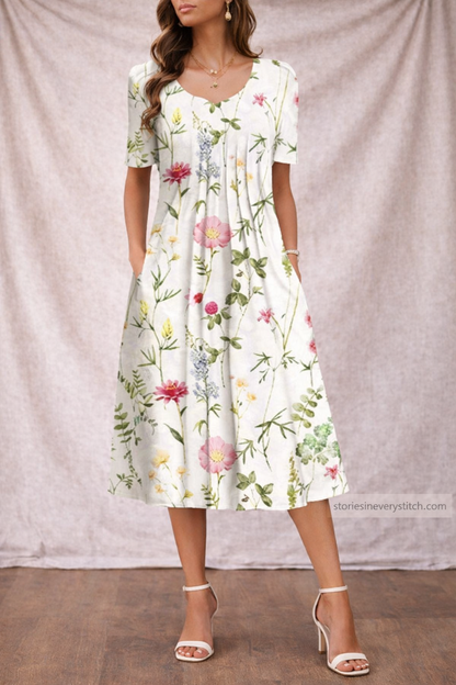Women’s Floral Midi Dress – Casual Short Sleeve A-Line Summer Dress