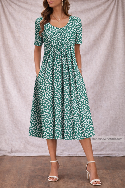 Women’s Floral Midi Dress – Casual Short Sleeve A-Line Summer Dress
