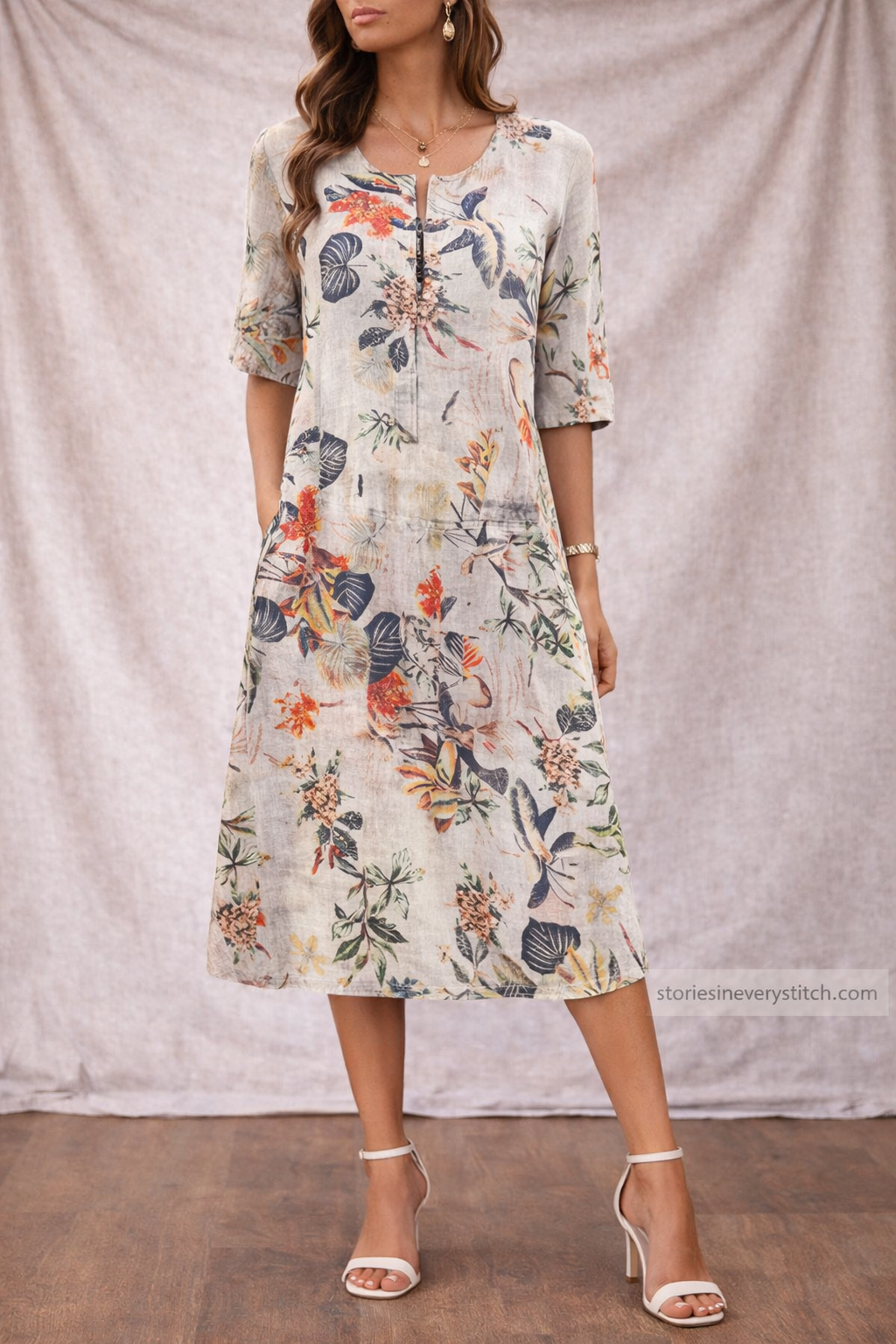 Women’s Floral Lace-Up Midi Dress – Casual Short Sleeve Summer Dress