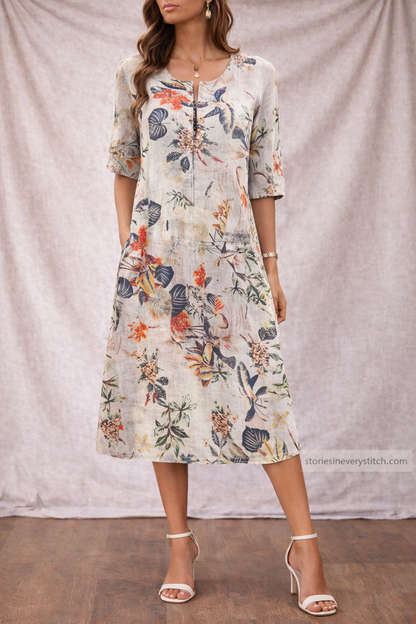 Women’s Floral Lace-Up Midi Dress – Casual Short Sleeve Summer Dress