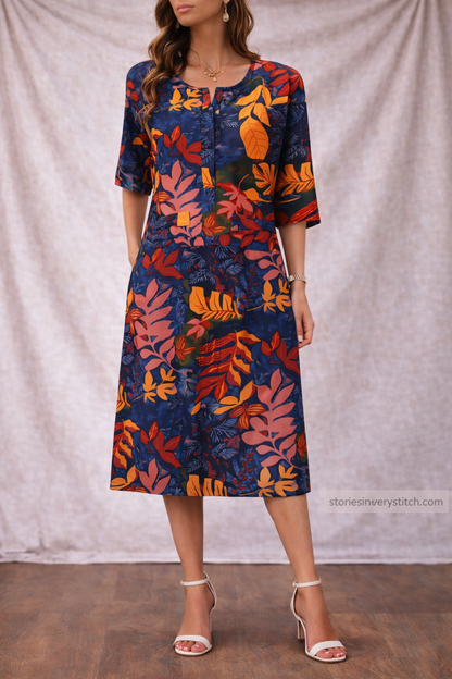Women’s Floral Lace-Up Midi Dress – Casual Short Sleeve Summer Dress