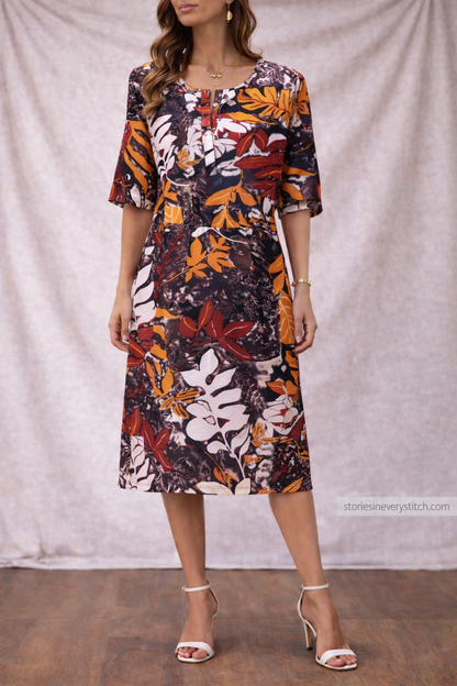 Women’s Floral Lace-Up Midi Dress – Casual Short Sleeve Summer Dress