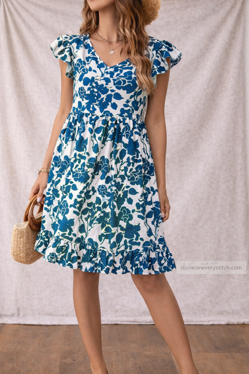 Women’s Floral Ruffle Sleeve Mini Dress – Casual V-Neck Summer A-Line Dress