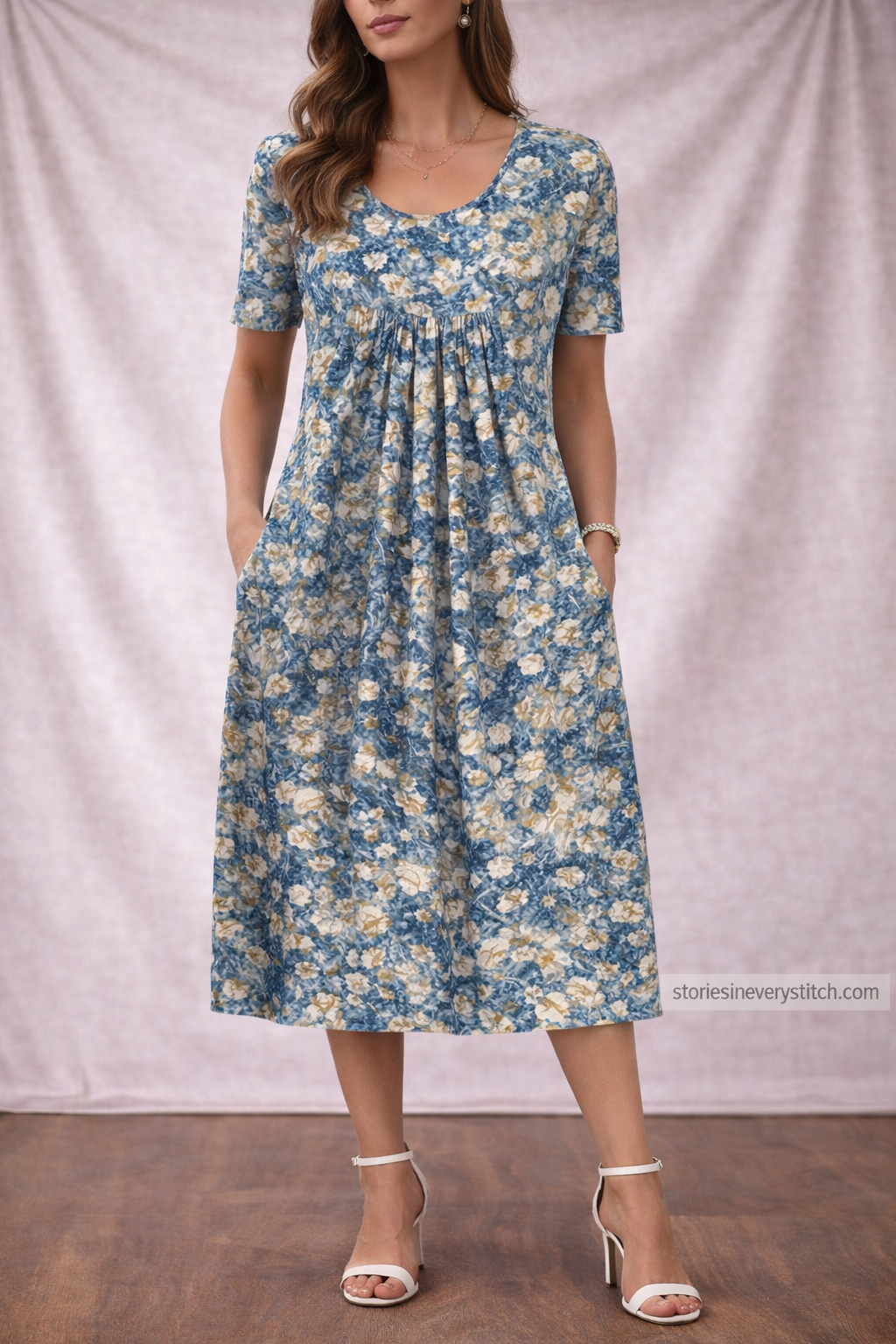 Floral Midi Dress with Short Sleeves and Scoop Neck – Relaxed Flowy Fit