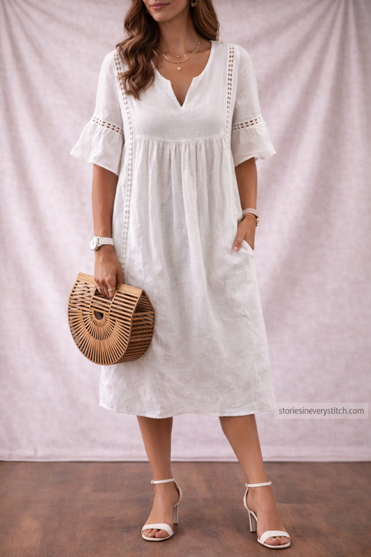 Boho Midi Dress with V-Neck and Half Sleeves – Relaxed Flowy Fit