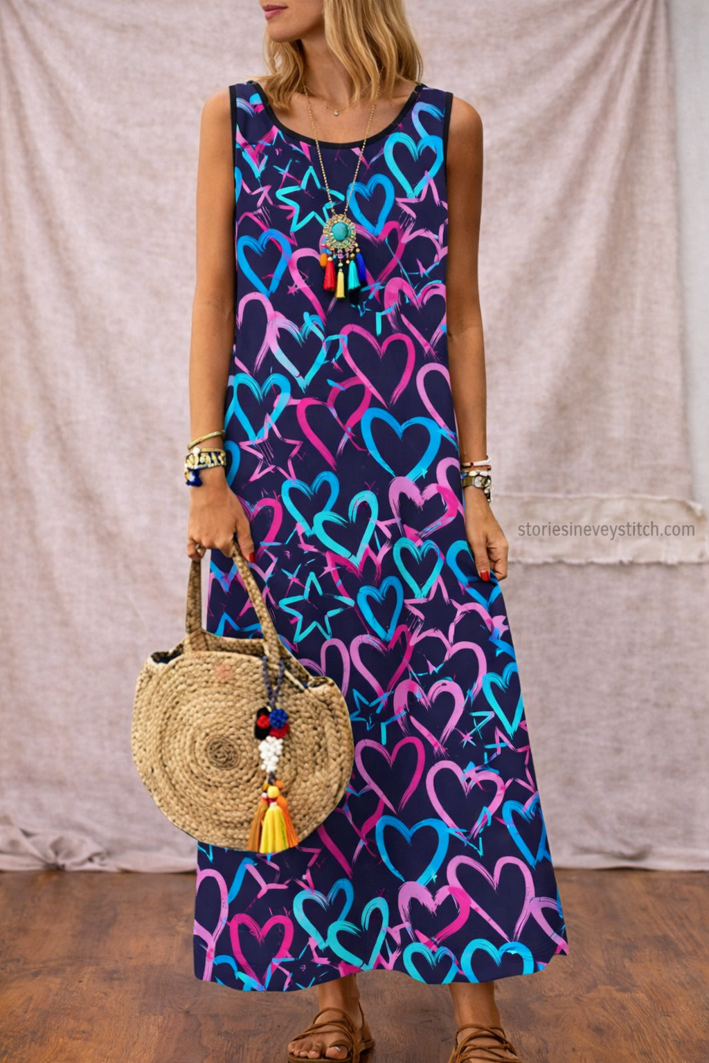 Heart Print Maxi Dress with Sleeveless Design and Round Neck – Relaxed Flowy Fit