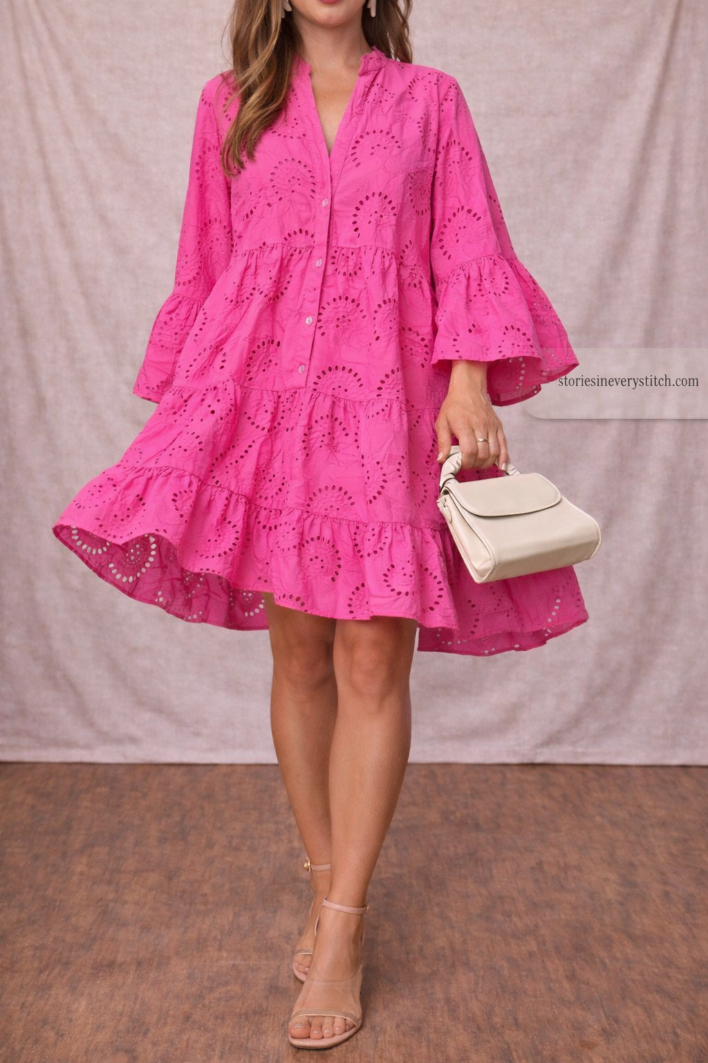 Women’s Boho Lace Mini Dress – V-Neck Long Sleeve Casual Summer Dress