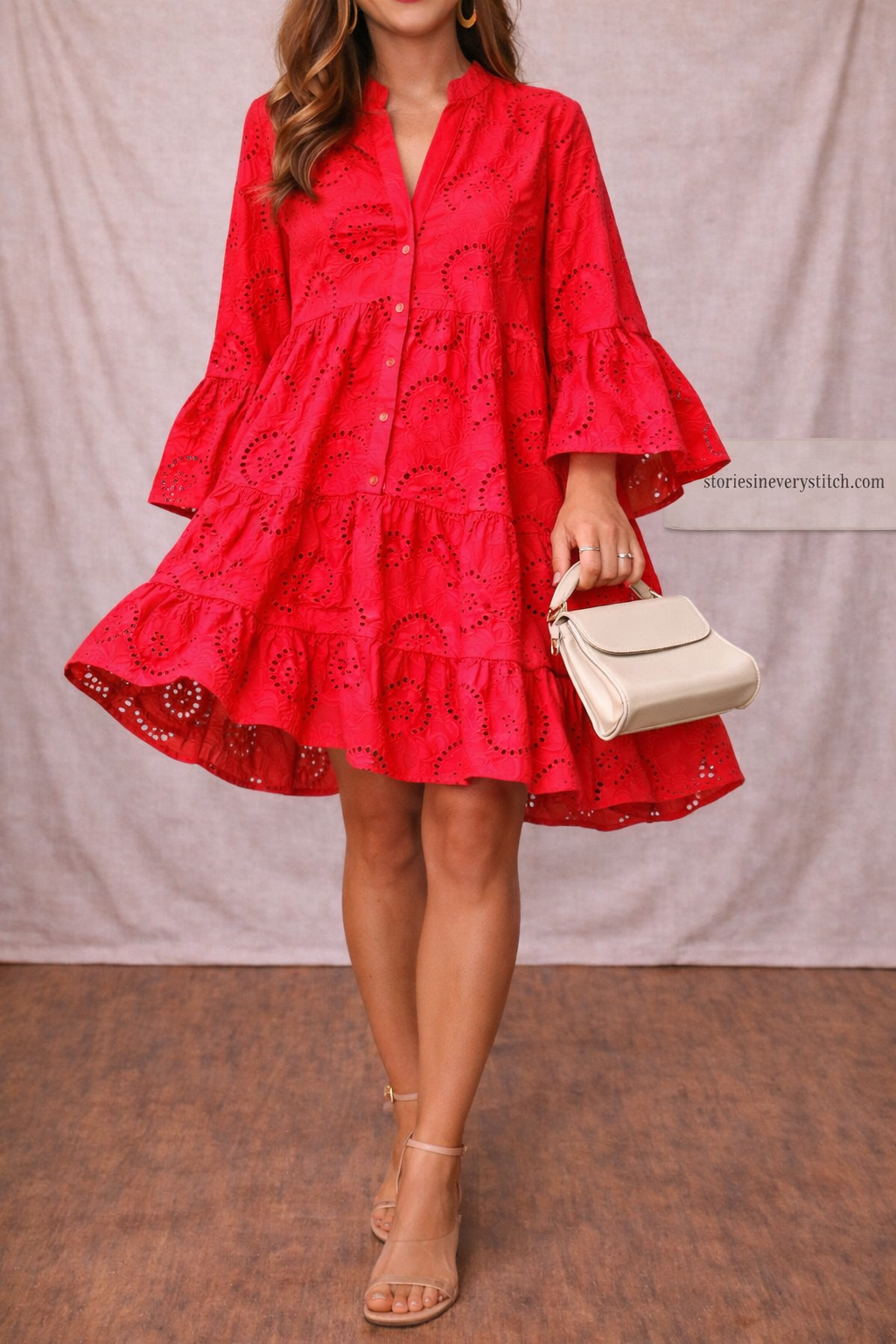 Women’s Boho Lace Mini Dress – V-Neck Long Sleeve Casual Summer Dress