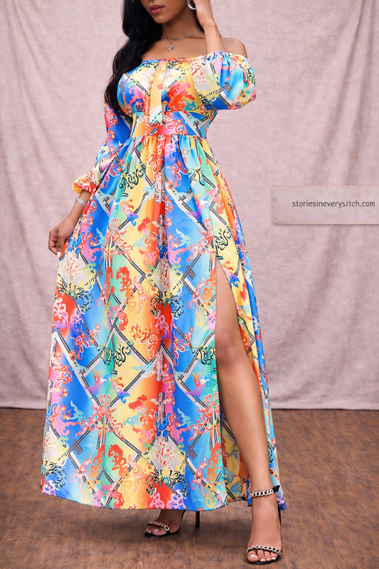 Women’s Boho Off Shoulder Maxi Dress – Floral Print Split Summer Beach Dress