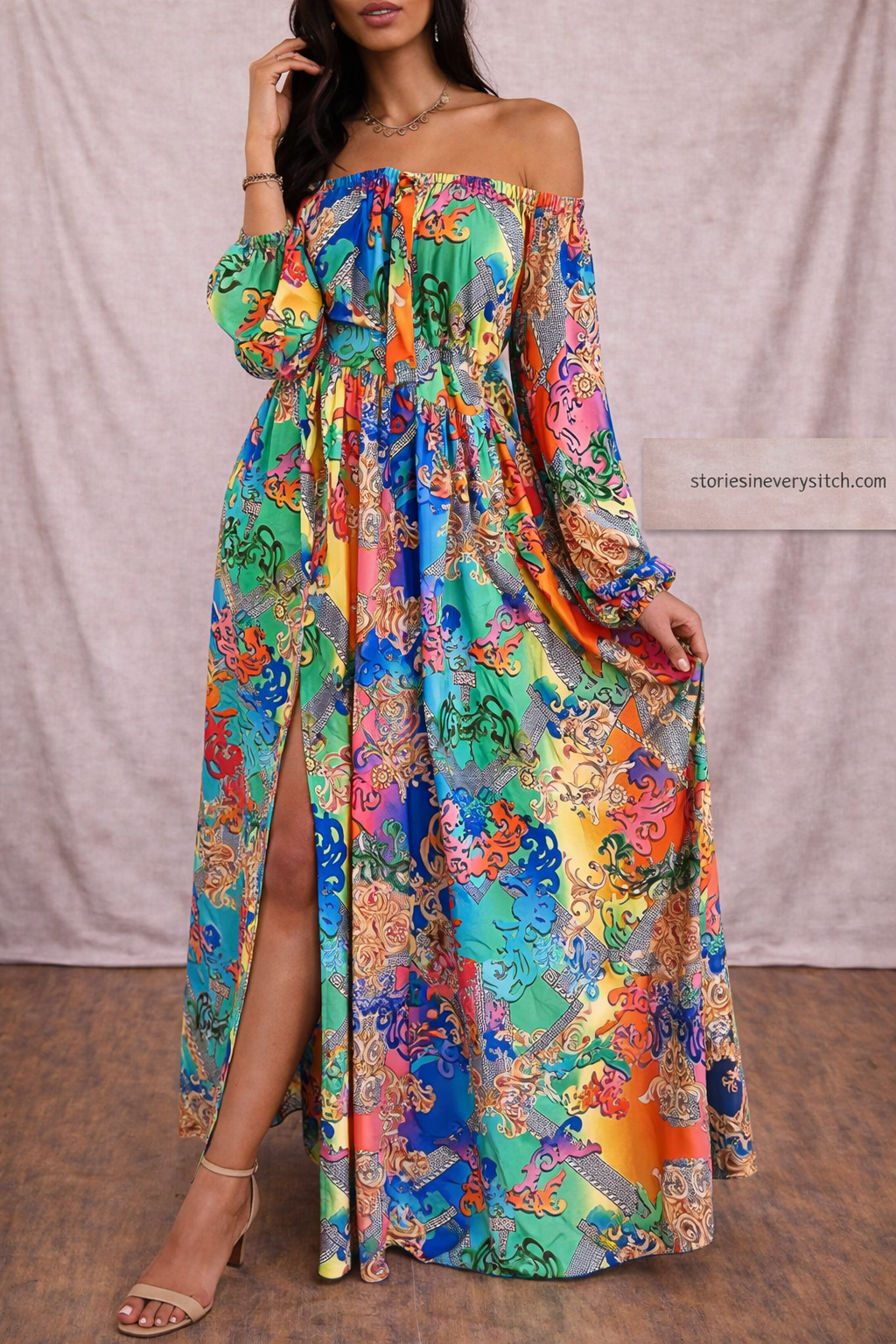 Women’s Boho Off Shoulder Maxi Dress – Floral Print Split Summer Beach Dress