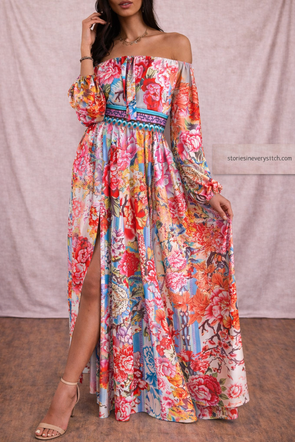 Women’s Boho Off Shoulder Maxi Dress – Floral Print Split Summer Beach Dress