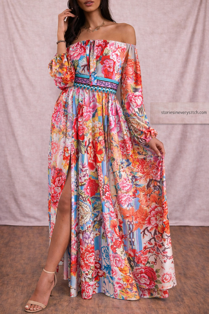 Women’s Boho Off Shoulder Maxi Dress – Floral Print Split Summer Beach Dress