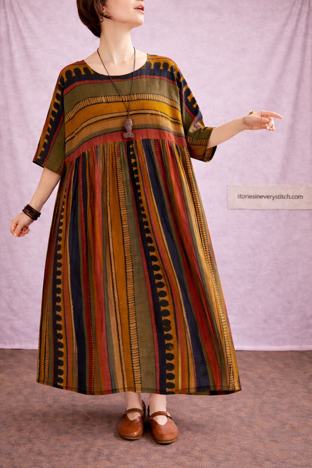 Boho Striped Maxi Dress with Half Sleeves and Round Neck – Relaxed Flowy Fit