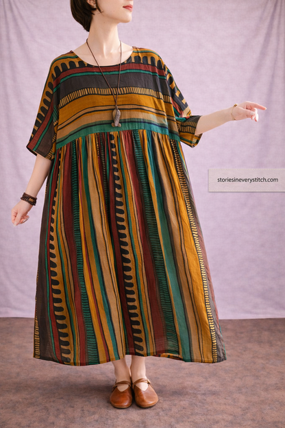 Boho Striped Maxi Dress with Half Sleeves and Round Neck – Relaxed Flowy Fit