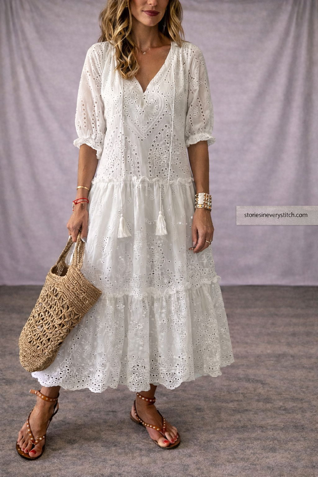 Women’s Boho Lace Maxi Dress – V-Neck Long Sleeve Tiered Summer Dress