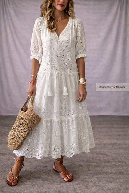 Women’s Boho Lace Maxi Dress – V-Neck Long Sleeve Tiered Summer Dress