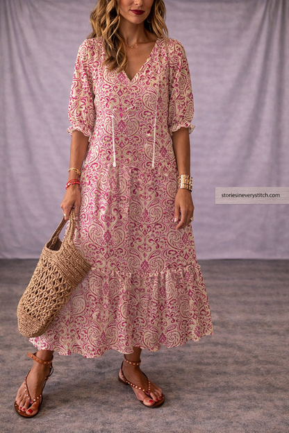 Women’s Boho Lace Maxi Dress – V-Neck Long Sleeve Tiered Summer Dress