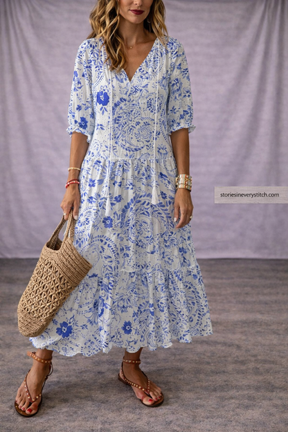 Women’s Boho Lace Maxi Dress – V-Neck Long Sleeve Tiered Summer Dress