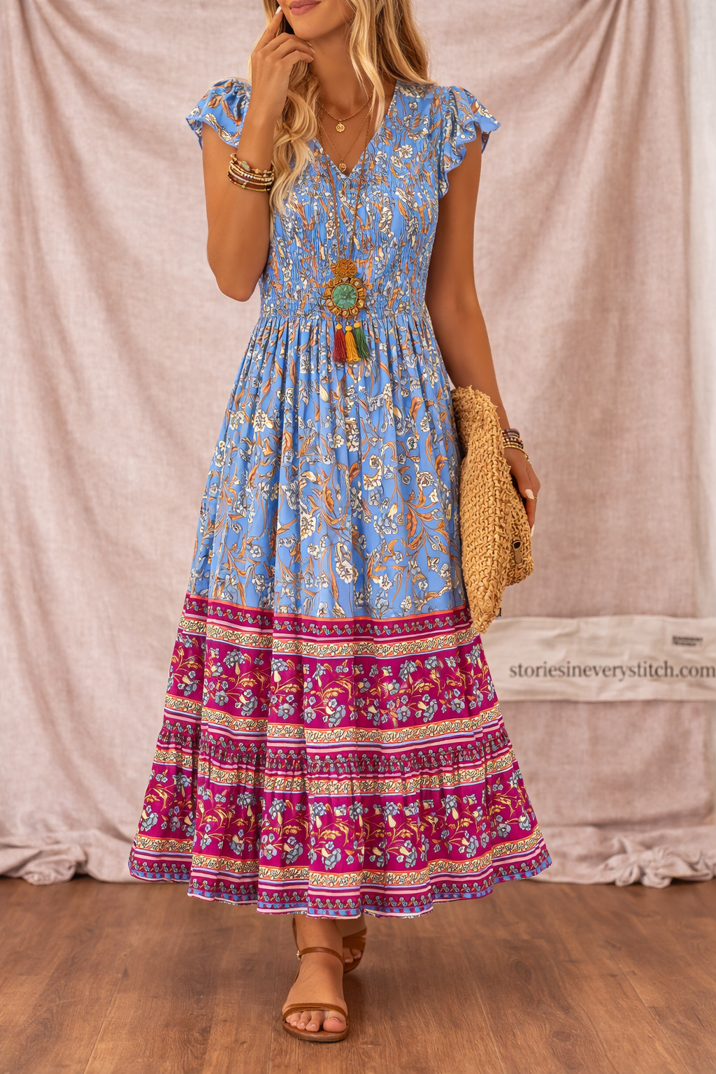 Women’s Boho Floral Maxi Dress – V-Neck Sleeveless Tiered Summer Dress
