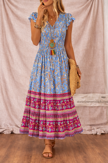 Women’s Boho Floral Maxi Dress – V-Neck Sleeveless Tiered Summer Dress
