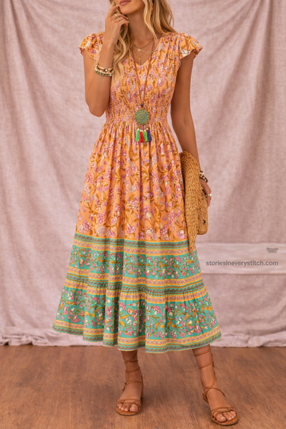 Women’s Boho Floral Maxi Dress – V-Neck Sleeveless Tiered Summer Dress