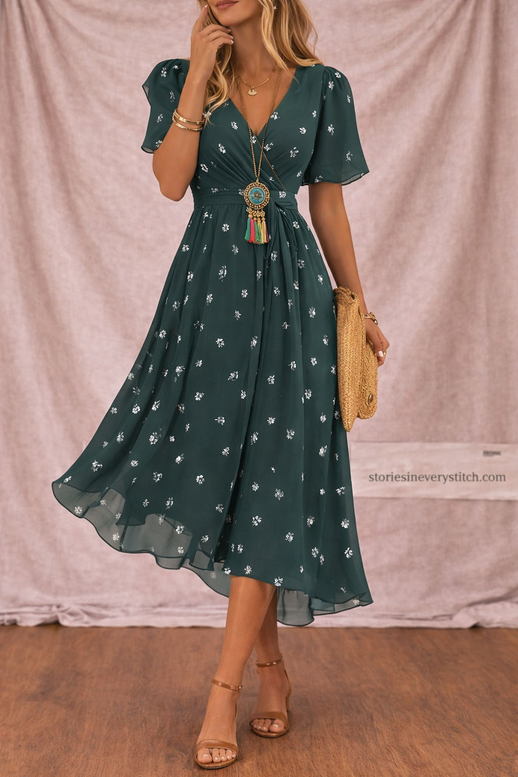 Women’s Boho Polka Dot Midi Dress – V-Neck Button Front Casual Summer Dress