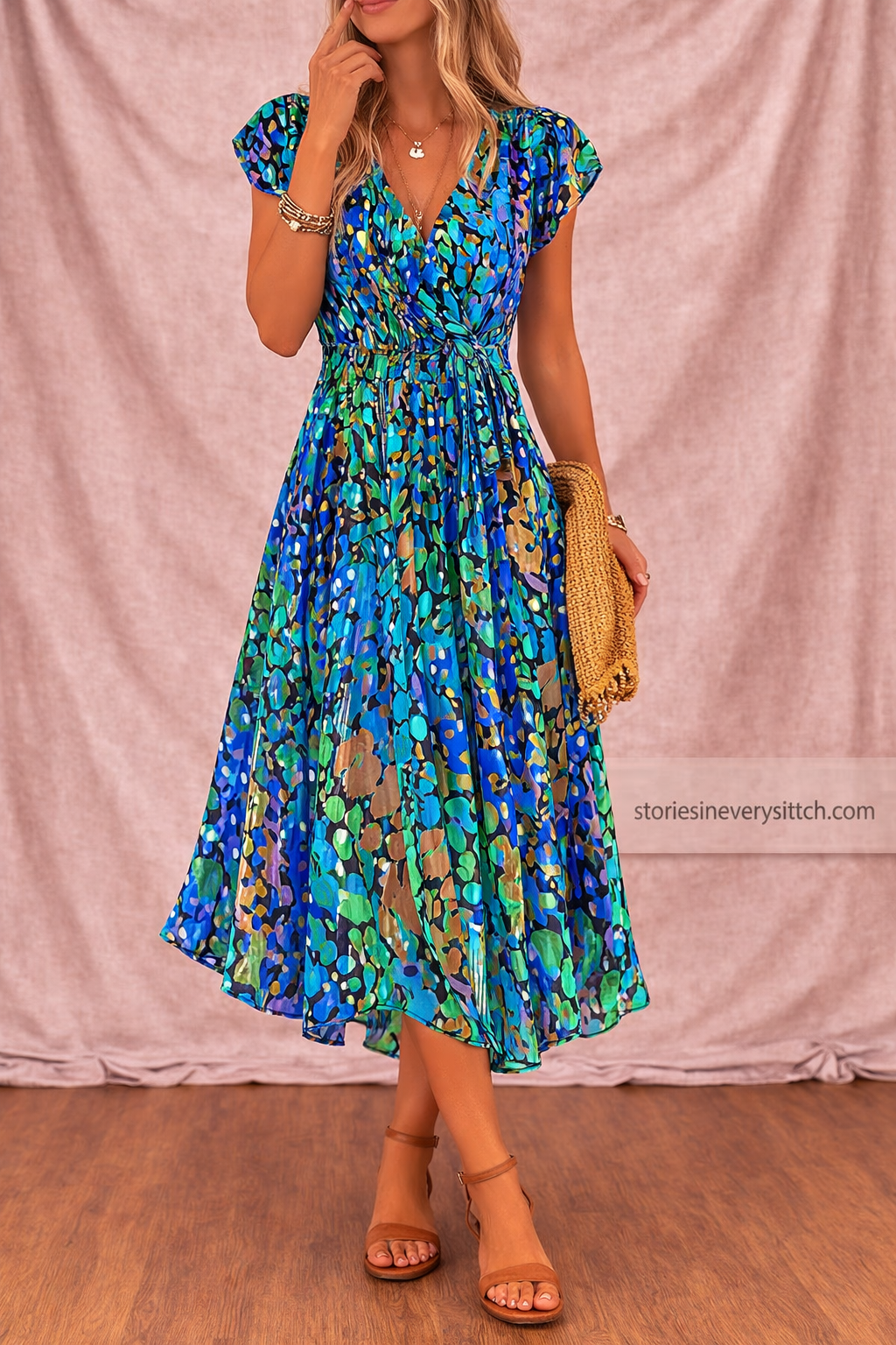Women’s Boho Polka Dot Midi Dress – V-Neck Button Front Casual Summer Dress