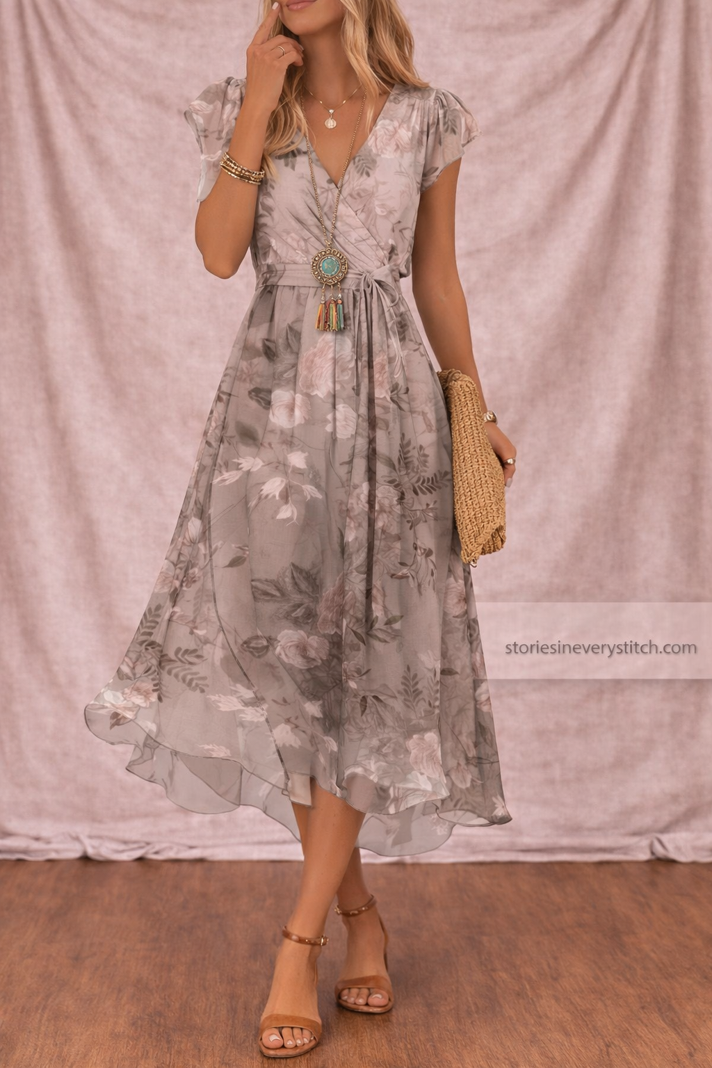 Women’s Boho Polka Dot Midi Dress – V-Neck Button Front Casual Summer Dress