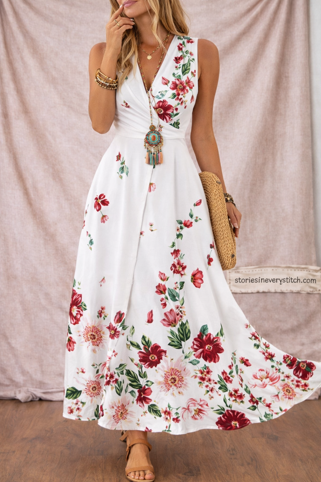 Women’s Floral Sleeveless Maxi Dress – V-Neck Casual Summer Beach Dress