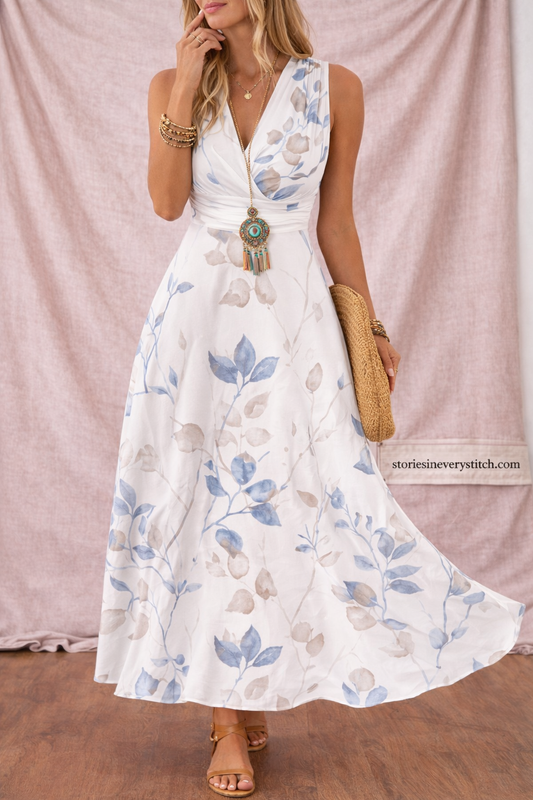 Women’s Floral Sleeveless Maxi Dress – V-Neck Casual Summer Beach Dress