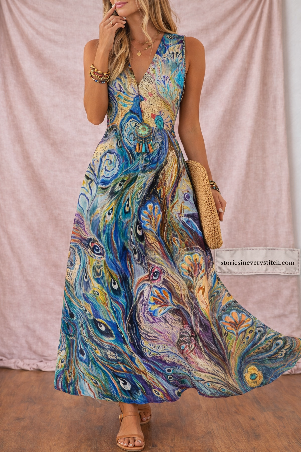 Women’s Floral Sleeveless Maxi Dress – V-Neck Casual Summer Beach Dress