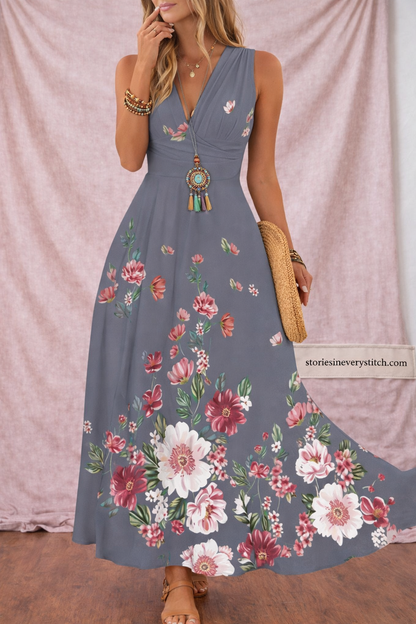 Women’s Floral Sleeveless Maxi Dress – V-Neck Casual Summer Beach Dress
