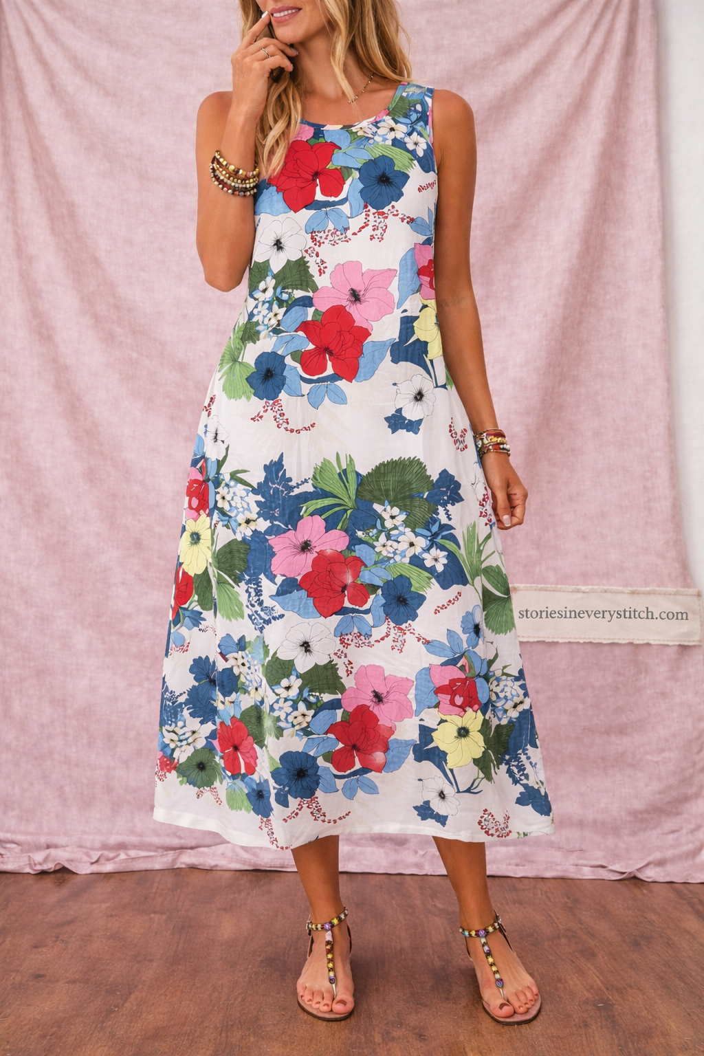 Women’s Floral Sleeveless Midi Dress – Casual Round Neck Summer Dress