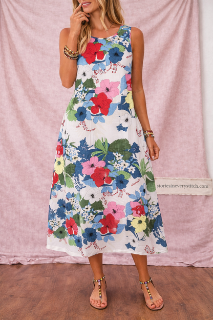 Women’s Floral Sleeveless Midi Dress – Casual Round Neck Summer Dress