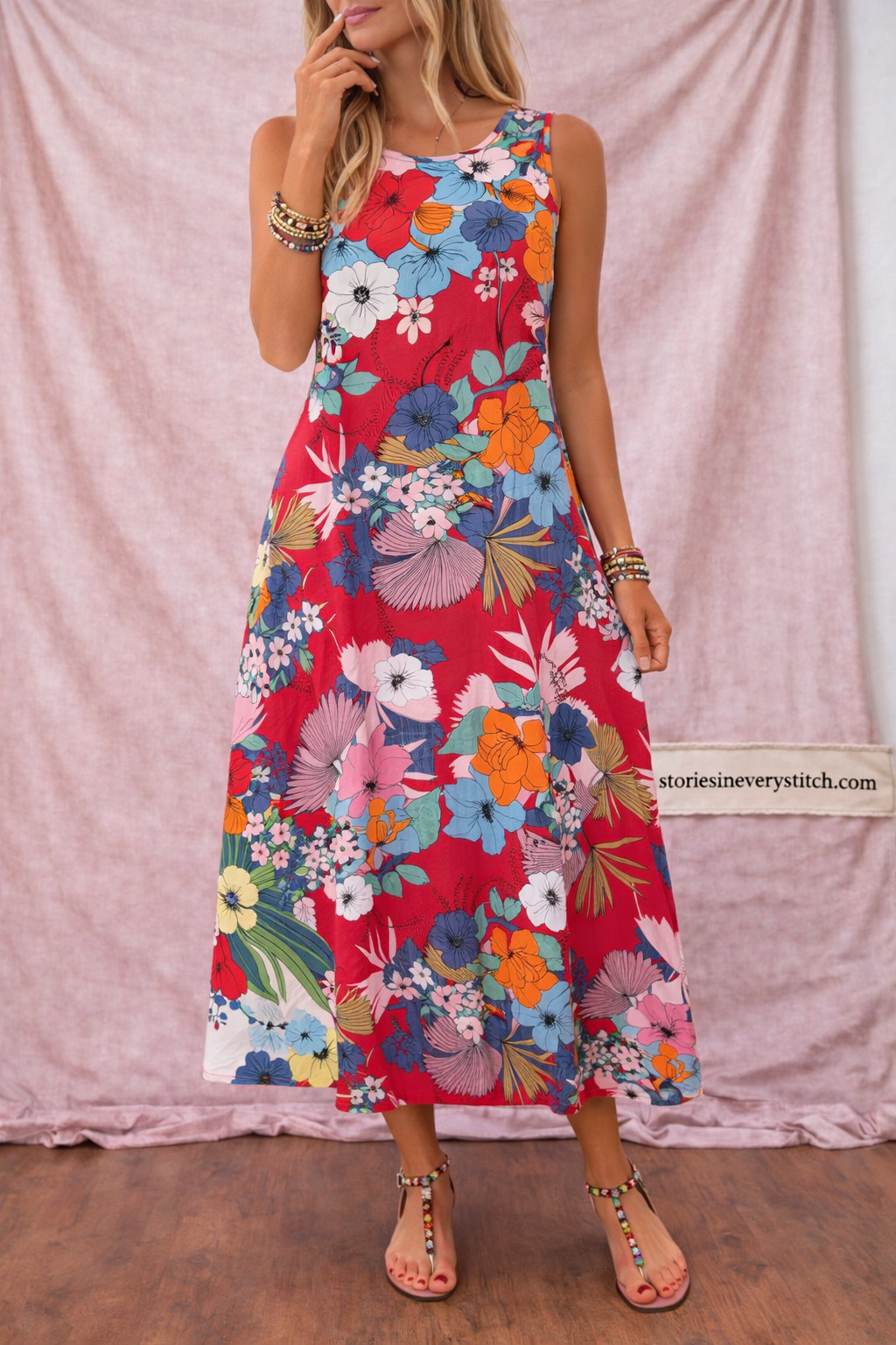 Women’s Floral Sleeveless Midi Dress – Casual Round Neck Summer Dress