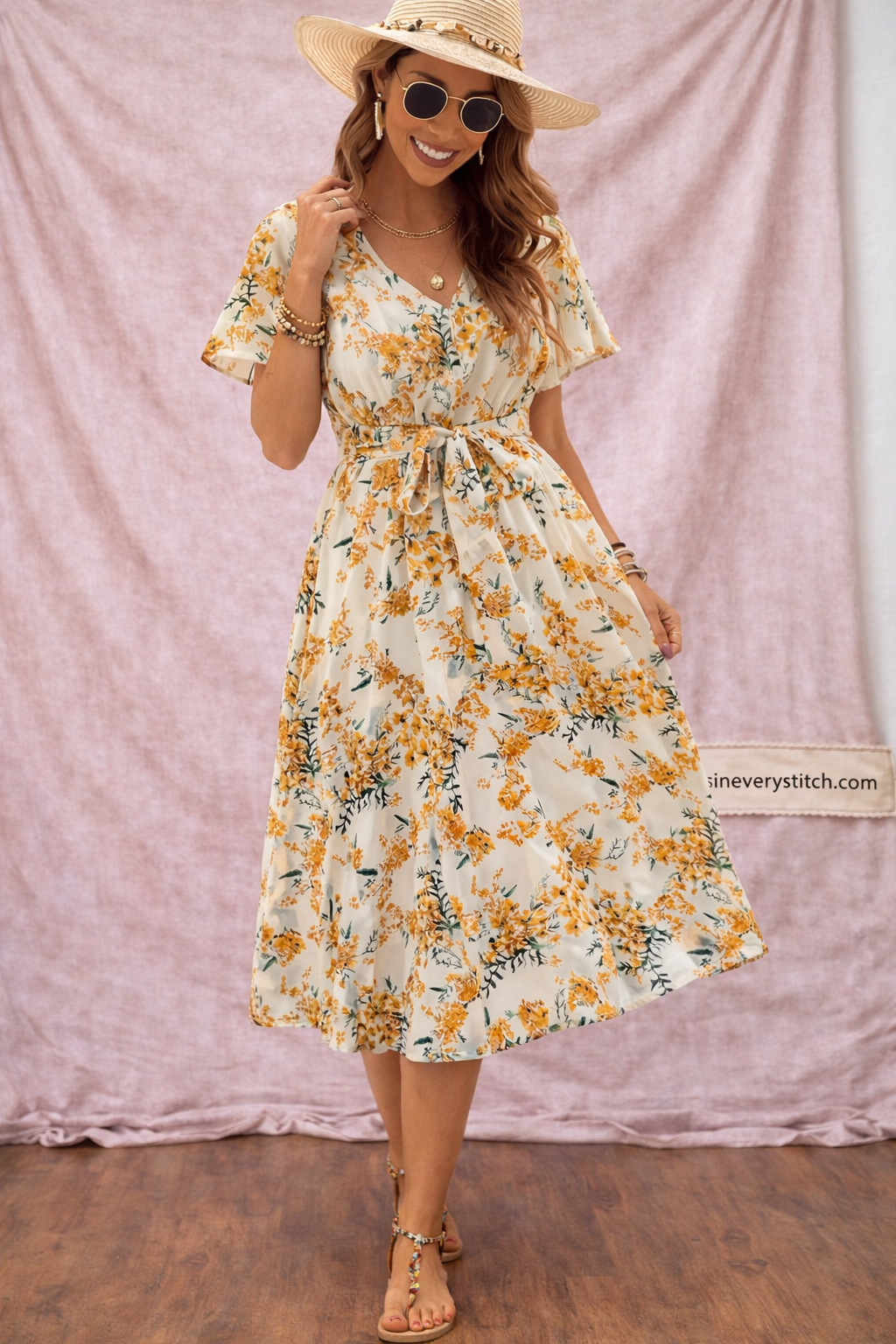 Floral Midi Dress with V-Neck and Flutter Sleeves – Relaxed Flowy Fit
