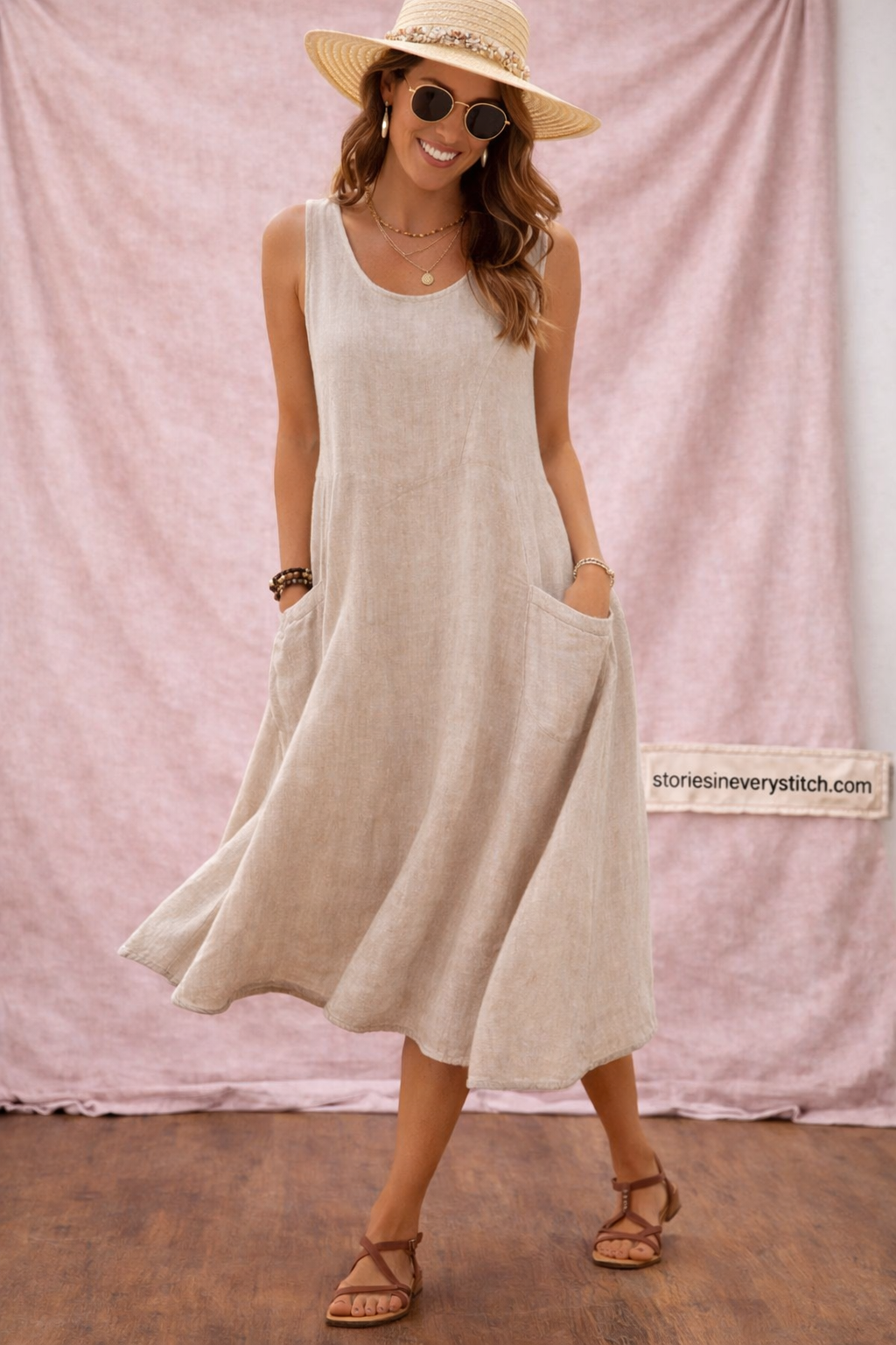 Sleeveless Maxi Dress with Round Neck and Pockets – Relaxed Flowy Fit